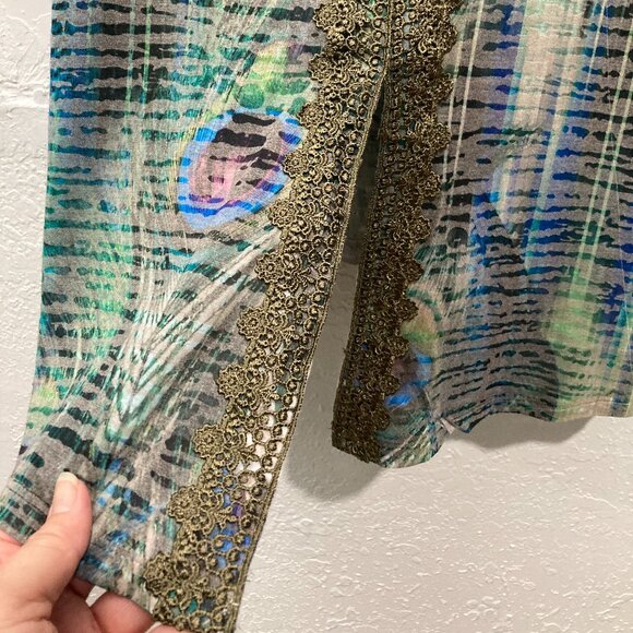 Live and Let Live Women Tunic Top Crochet Split Back 3/4 Sleeve Peacock Green 1X - Picture 10 of 11